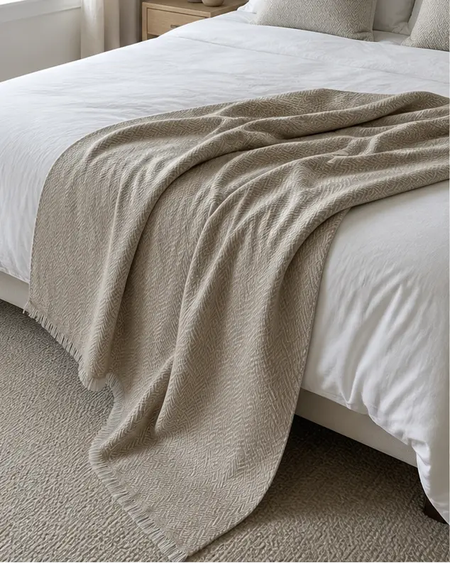 Handmade Cashmere Throw Blanket, Undyed, Beige, Cozy Sofa or Bed Throw