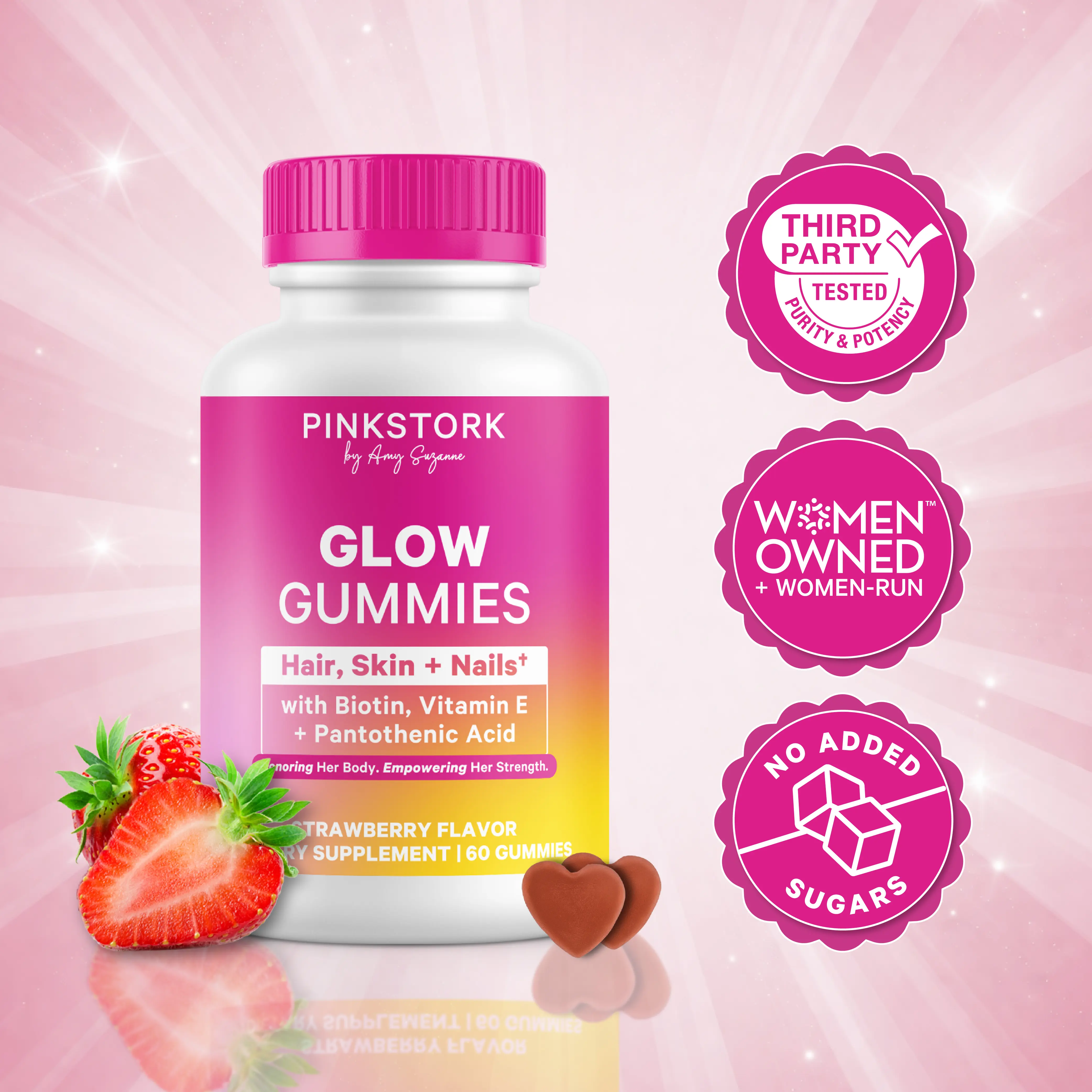 Pink Stork Glow Gummies | Hair, Skin, Nail, Beauty | Biotin, Vitamin E, Antioxidants, Pantothenic Acid | Supports Collagen Production | Zinc | Gluten-Free | Postpartum Support | Women-Owned