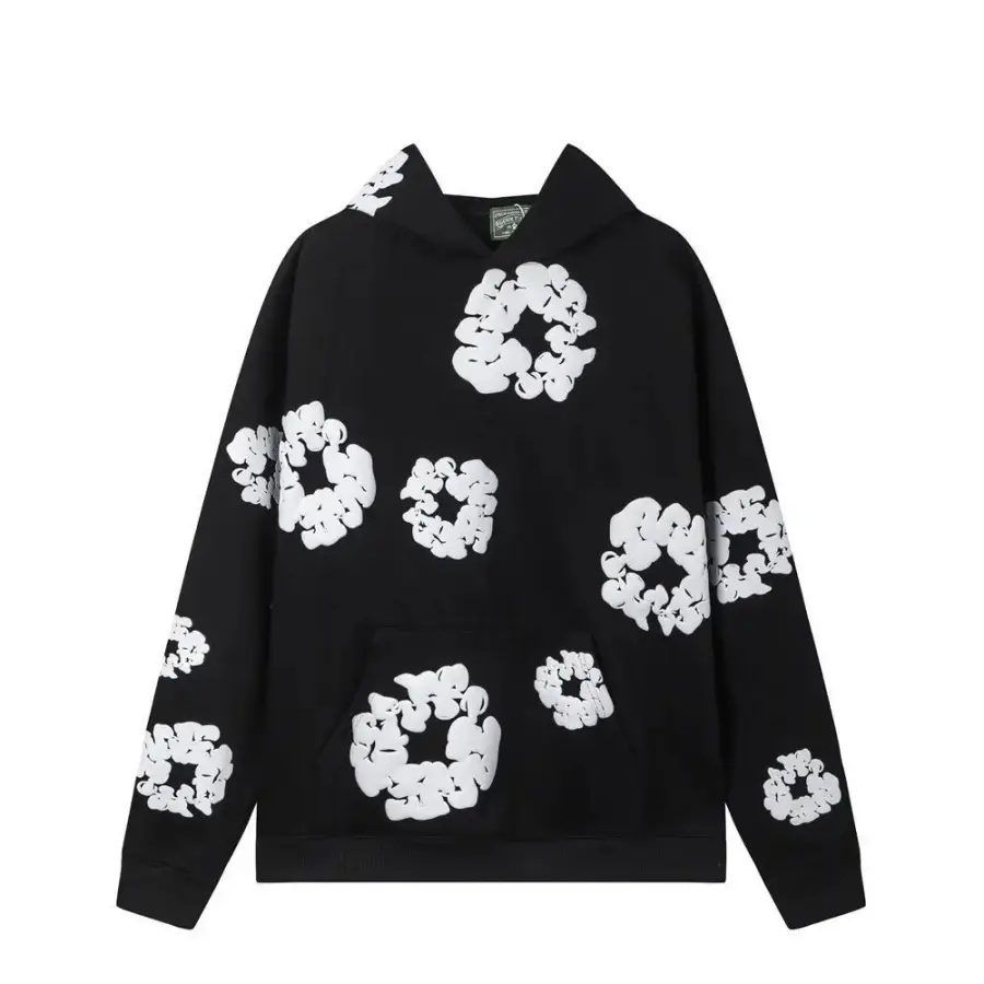 Men All Over White Foam Floral Wreath Print Oversized Hoodie, Streetwear Pullover Sweatshirt