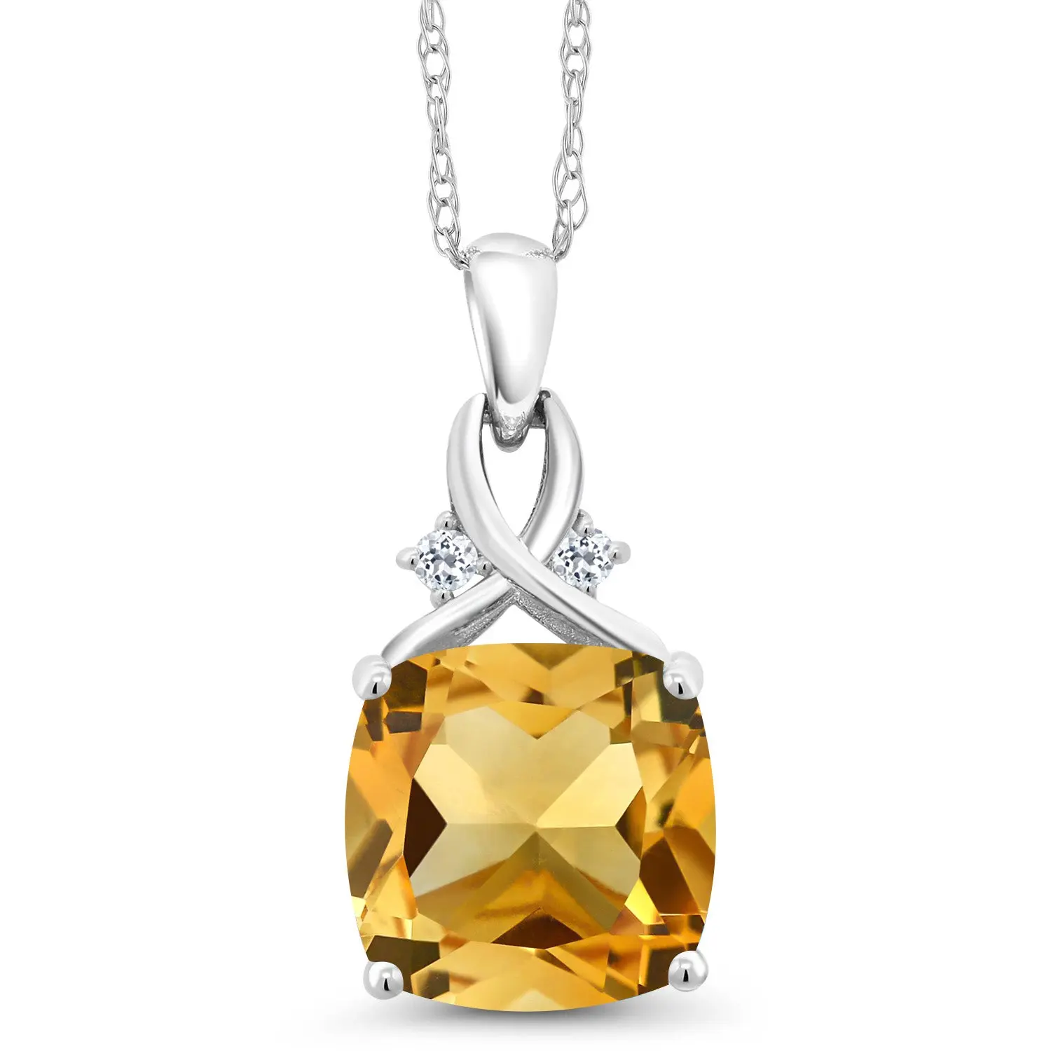 10K White Gold Yellow Citrine and White Topaz Pendant Necklace For Women | 3.27 Cttw | Gemstone November Birthstone | Cushion Cut 10MM | With 18 Inch Chain