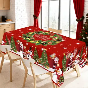 Cartoon Christmas Table Cover With Santa Claus Christmas Tree, Snowman, Merry Christmas Printed Embossed Edge Tablecloth, Soft, Durable Washable, Polyester Suitable For Christmas, Home Kitchen, Dining Table, Party Decoration Supplies Overlay Table Cover