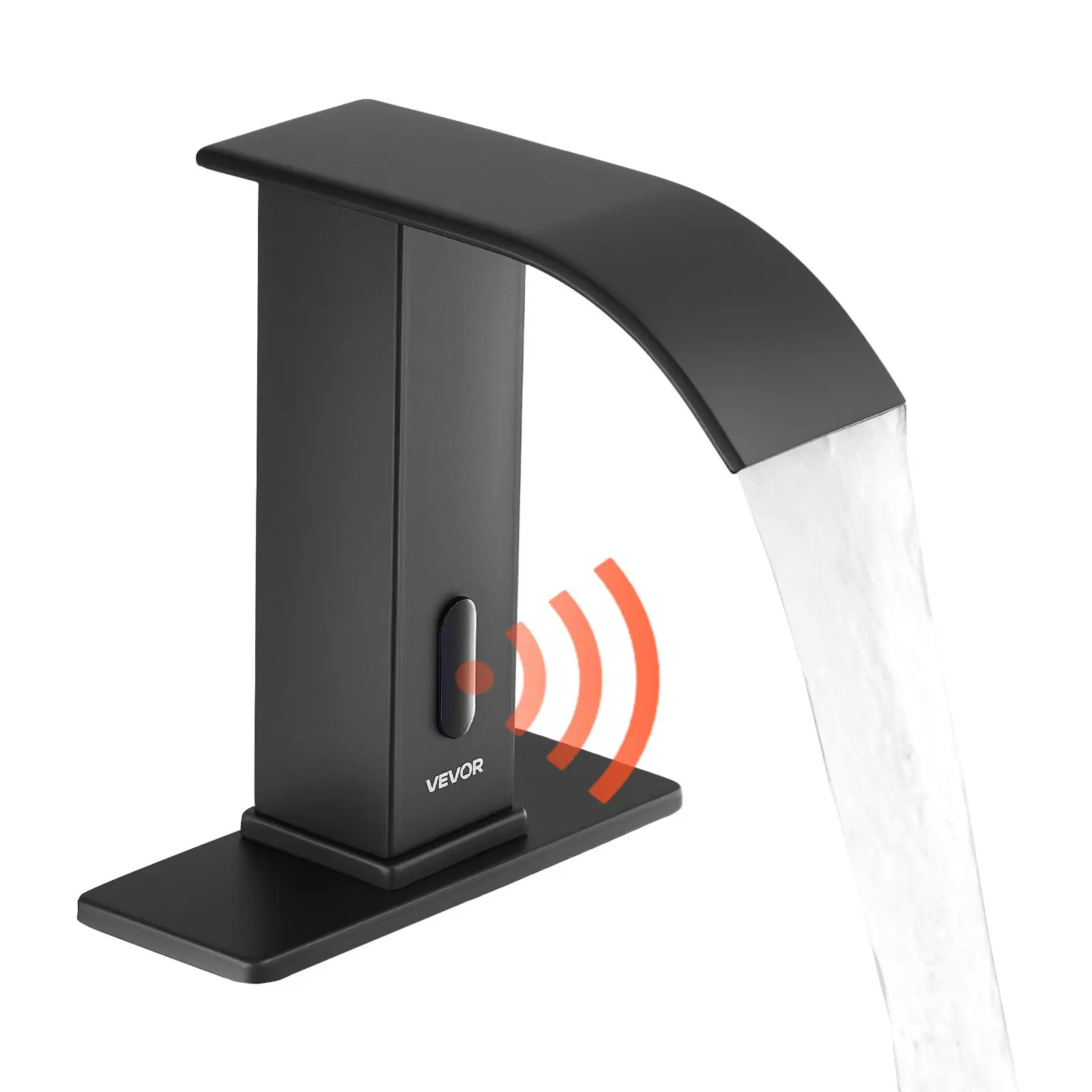 【Summerfinds】VEVOR 201 Stainless Steel Touchless Bathroom Sink Faucet G234M, Automatic Motion Sensor Waterfall Style, 4x AA Alkaline Batteries, Hole Cover Plate, Adjustable Temperature, 9/16 in Pipe, 6.3x2.7x7.0 in Commercial Lavatory, Matte Black, Ef, Ru