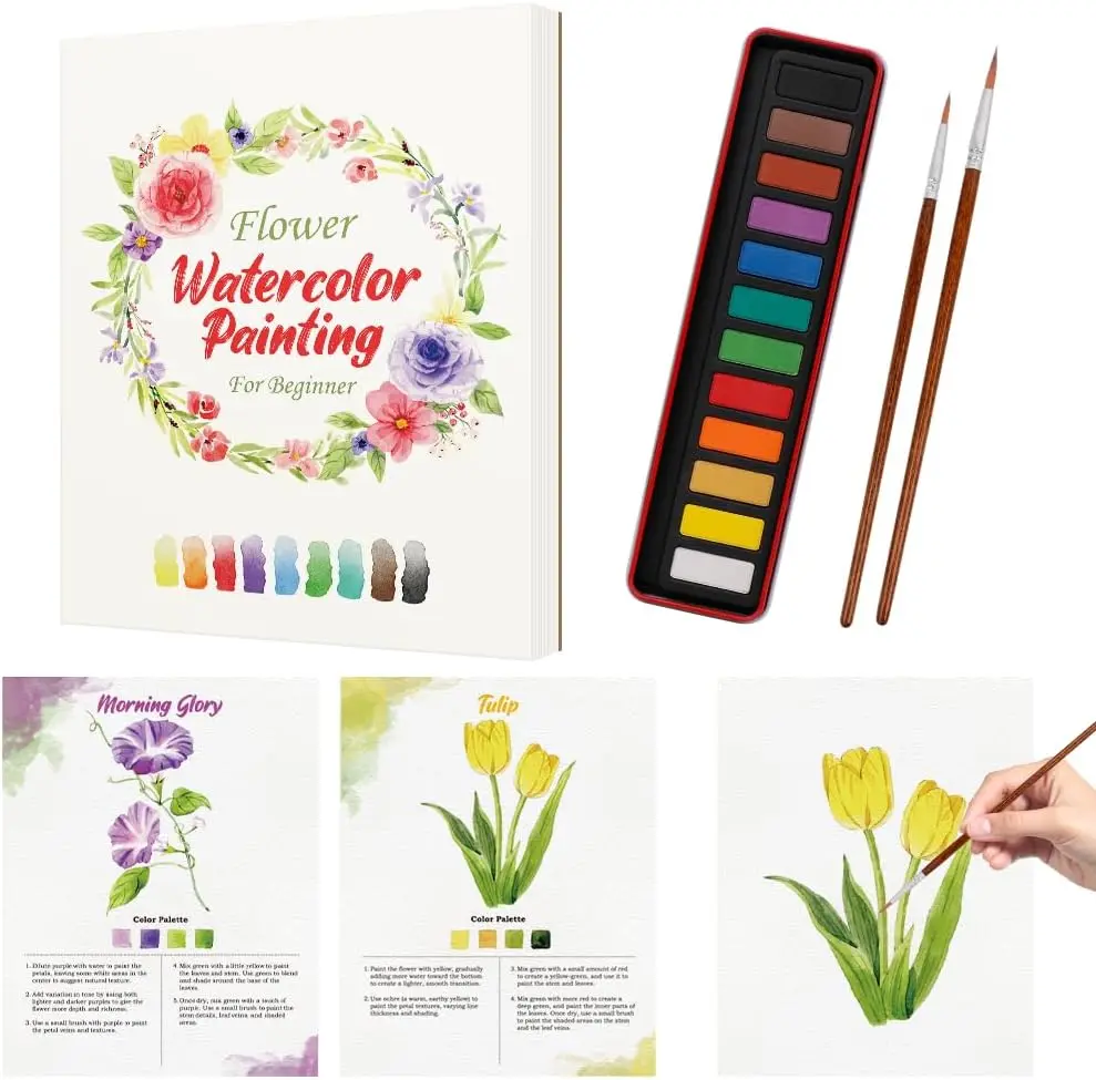 SkilLify Watercolor Flowers Workbook, Beginner Watercolor Paint Set, Flowers WaterColor Book, Arts & Crafts Coloring Book for Adults and Teens with 12-Color Paint Set & Brush, Valentine's Day gifts