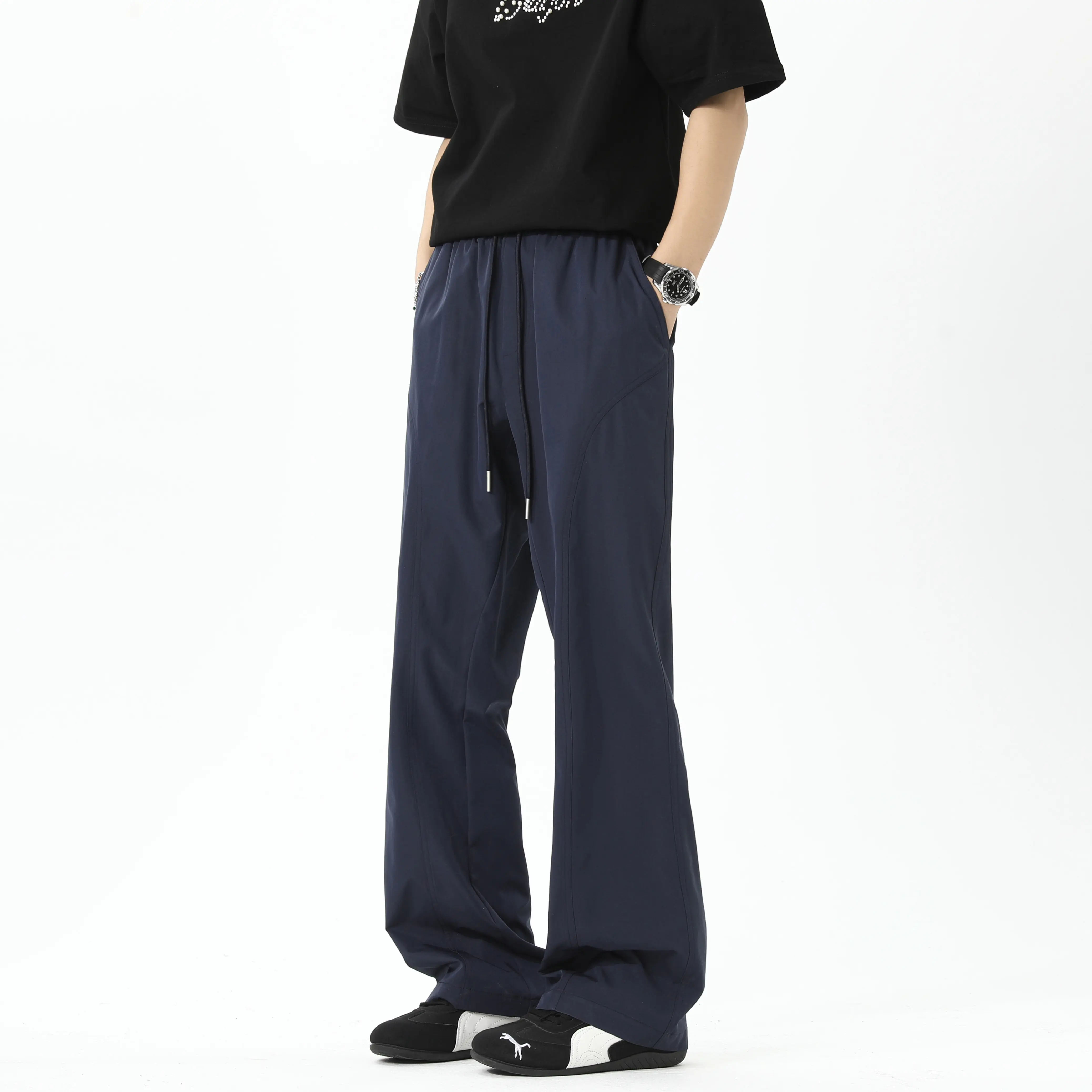 Men's Street Style Oversized Polyester Flared Pants - CleanFit, Plain, Stylish, Solid-Color, Casual Basic, Drapey, Breathable, Quick-Dry, Drawstring Waist, Floor-Length, Dry Clean, All-Season Menswear Trouser, Blue Draped Men's Pants