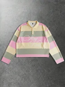 Men's Striped Polo Neck Long Sleeve T-Shirt, Classic Casual Street Style, Spring & Fall Fashion, Fitted Sweatshirt, Unisex Design