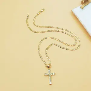 18K Gold Plated Zircon Crucifix Jesus Cross Pendant Necklace Figaro Chain Unisex Faith  Gift For Men Women romantic  coastal  minimalist everyday Jewelry long