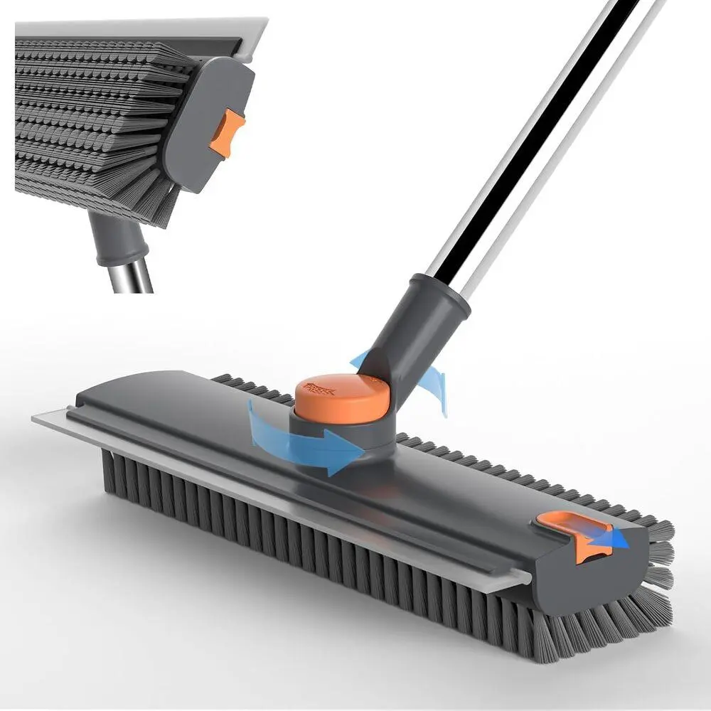 Anti-Corrosion Waterproof Telescopic Stainless Steel Pole 3-in-1 Bathtub Floor Scrub Brush Multi-Angle Rotate Head Scraper Silicone Wiper Combo, Indoor Deep Scrub Tool for Bathroom Window Glass Garage Tile Cement Ground Floors Grey-Orange