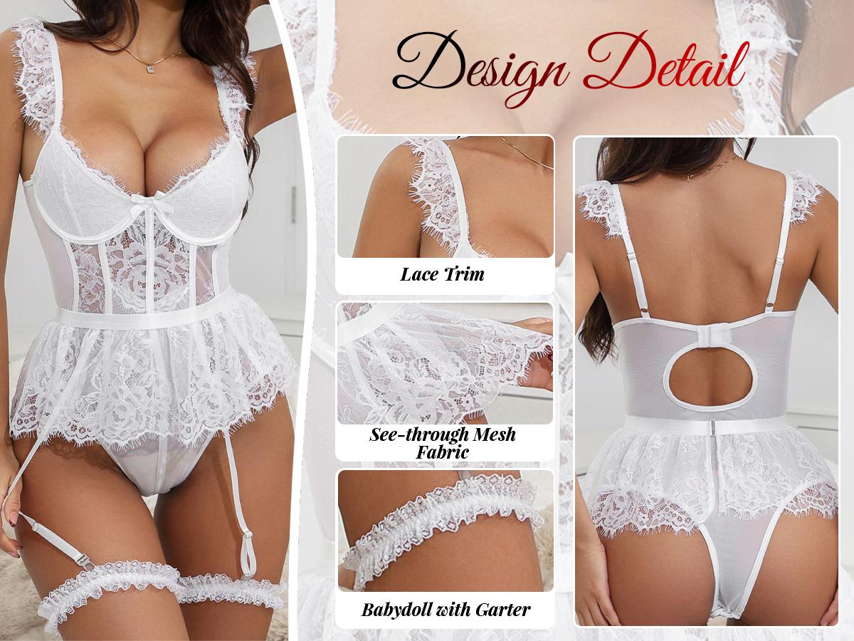CHALOVELO Women's 2-Piece Lace Teddy Babydoll Bodysuit Lingerie Set, Underwire Floral Top with Detachable Sheer Skirt