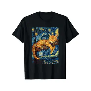 Starry Night Cat Print Cotton T-Shirt For Cat Lovers With Van Gogh Inspired Design Comfortable Round Neck Short Sleeve Perfect Gift For Cat Parents