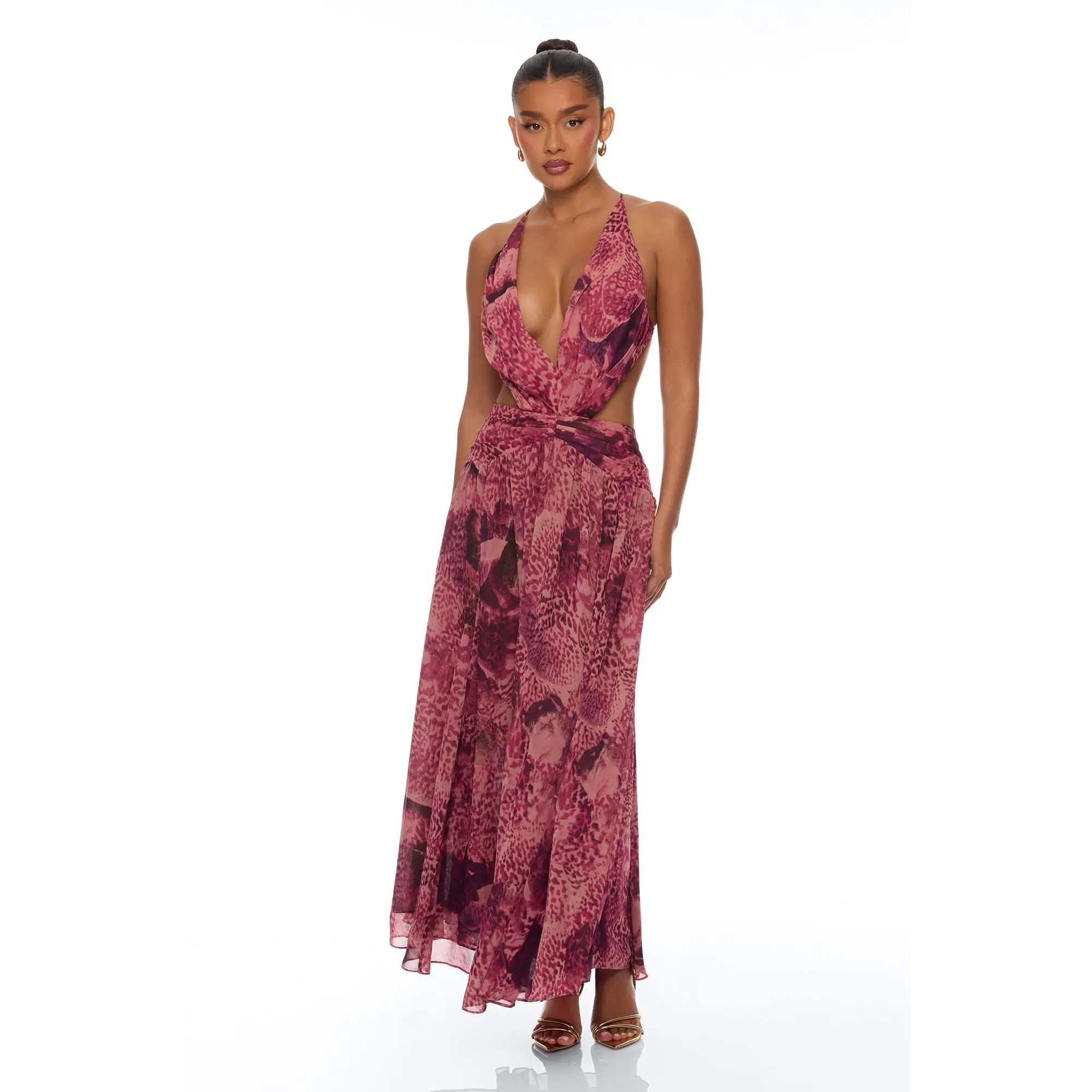 Harlee Cut Out Chiffon Maxi Dress - Magenta/combo