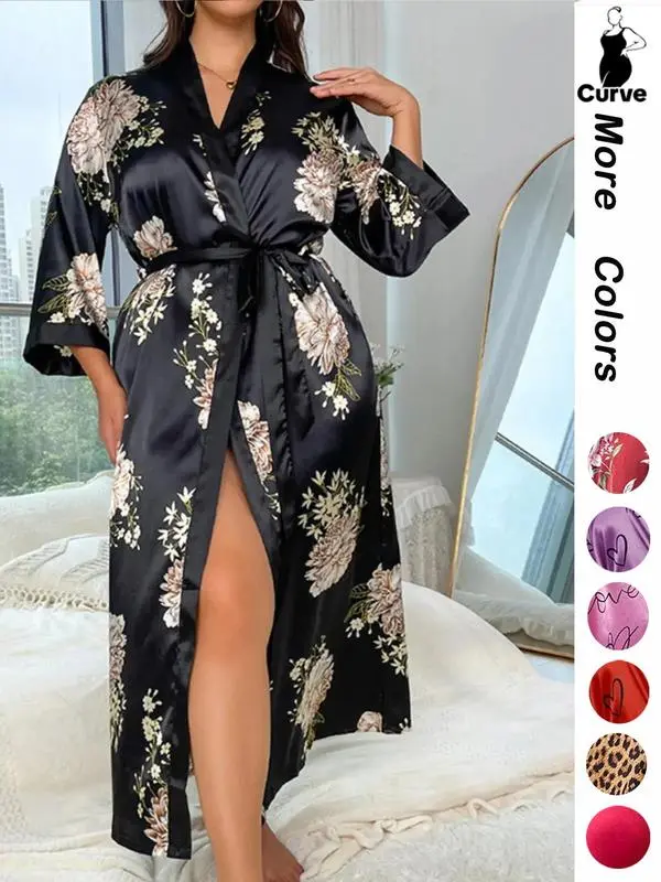 [Plus Size] Halloween Print Belted Wrap Long Sleeve Loose Loungewear Robe, Women Long Sleeves Nightwear, Fall Long Lounge Robe Gowns, Halloween, Robes for Women, Print Robe, Wrapped Belted Robe, Casual Soft Bathrobe