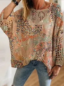Women's Cartoon Cheetah Print Round Neck Long Sleeve Knit Top, Casual Elegant Vacation Style Sweater, Comfortable Breathable Women's Shirt