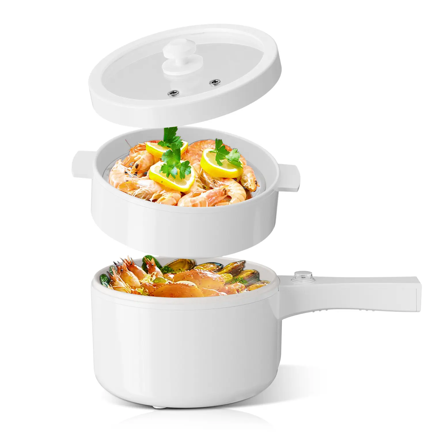 2L Ceramic-Coated Multifunctional Cooker, White Plastic Shell, Glass Lid & Matching Steamer - Perfect for Versatile Cooking, Steaming, and Boiling, Compact Design, Easy to Operate and Clean, Ideal for Healthy Home-Cooked Meals