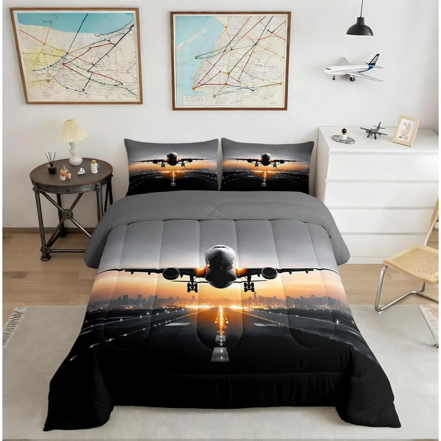 Aviation Aircraft Comforter Set Men 3D Airport Airplane Bedding Sets,Aircraft Photography Quilted Duvet Woman Room Decor,Dark Gray Duvet Insert