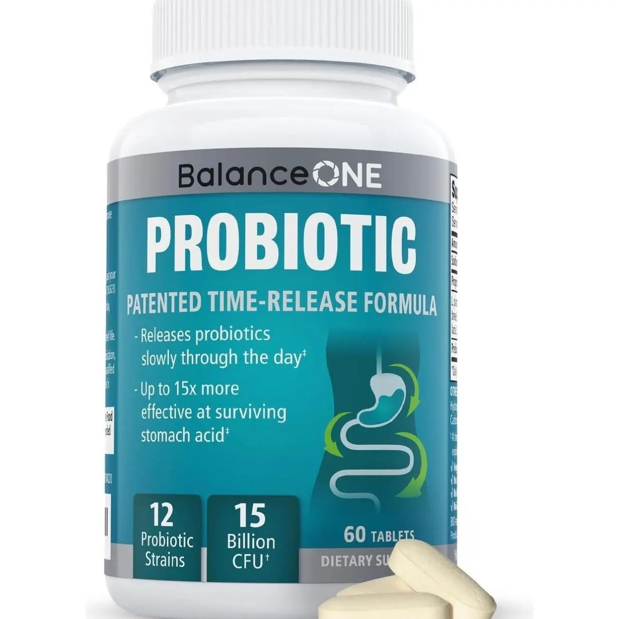 Balance ONE Time Release Probiotic – 15 Billion CFU – 12 Strains Including L. Plantarum – 15x More Survival Than Capsules – Bloating & Gas Relief – Gut & Digestive Health for Women & Men – 60 Tablets