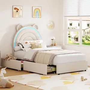 Garvee Twin Size Upholstered Platform Bed Frame with 2 Drawers, LED Light, and Bear Headboard, Low to the Ground, Easy Assembly, Grey - Functional and Stylish Furniture for Children's Rooms