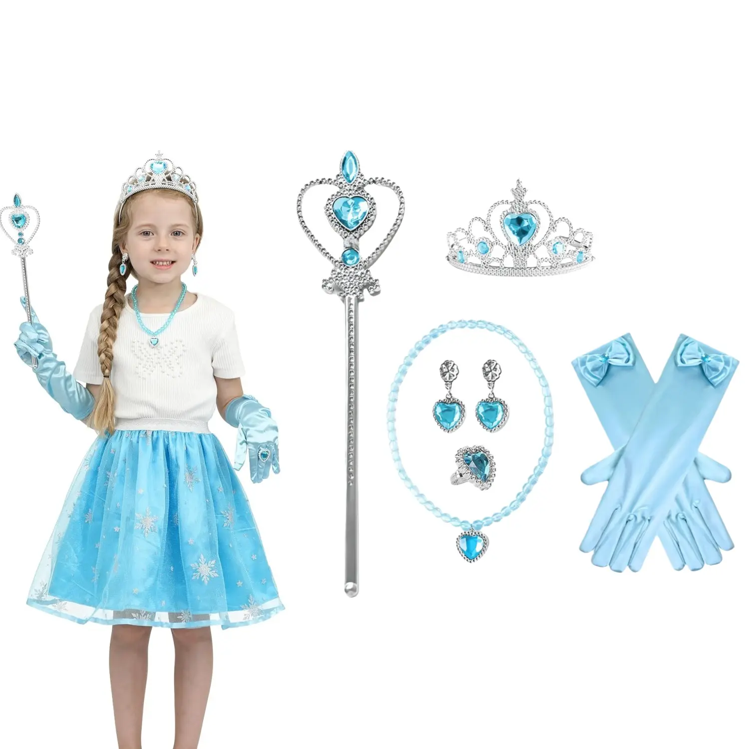 6pcs/set, Role Play Party Costume Accessories Cosplay for Theme Parties, Includes Rhinestones Crown Wand Gloves Necklace Earrings Ring, Perfect for Stage Performances Birthday Weddings Outdoor Events