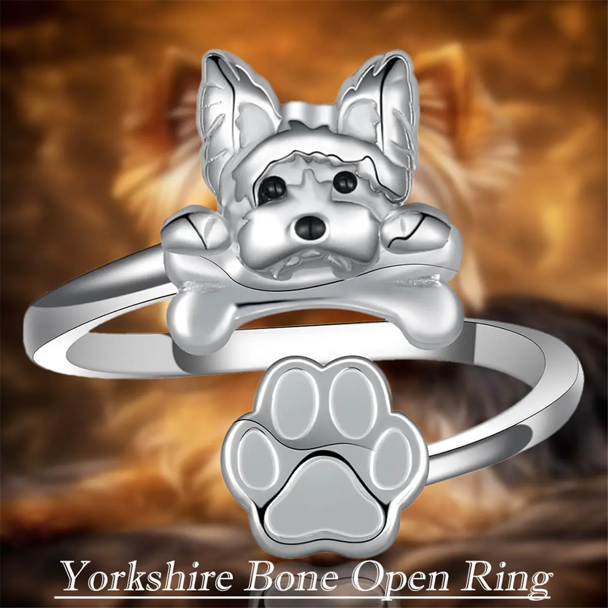 Women's Elegant Yorkie Puppy & Bone Alloy Adjustable Open Ring - Female Everyday Costume Jewelry, Pet Lover Gift for Yorkie Owners, Animals, Everyday Wear Jewelry