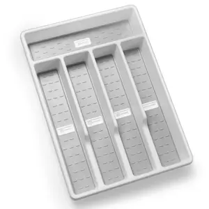 Silverware Organizer with Icons，Plastic Cutlery silverware Tray for Drawer，Utensil Flatware Tableware Organizer for Kitchen with Non-slip TPR,Fits Standard Drawer,5-Compartment，Grey