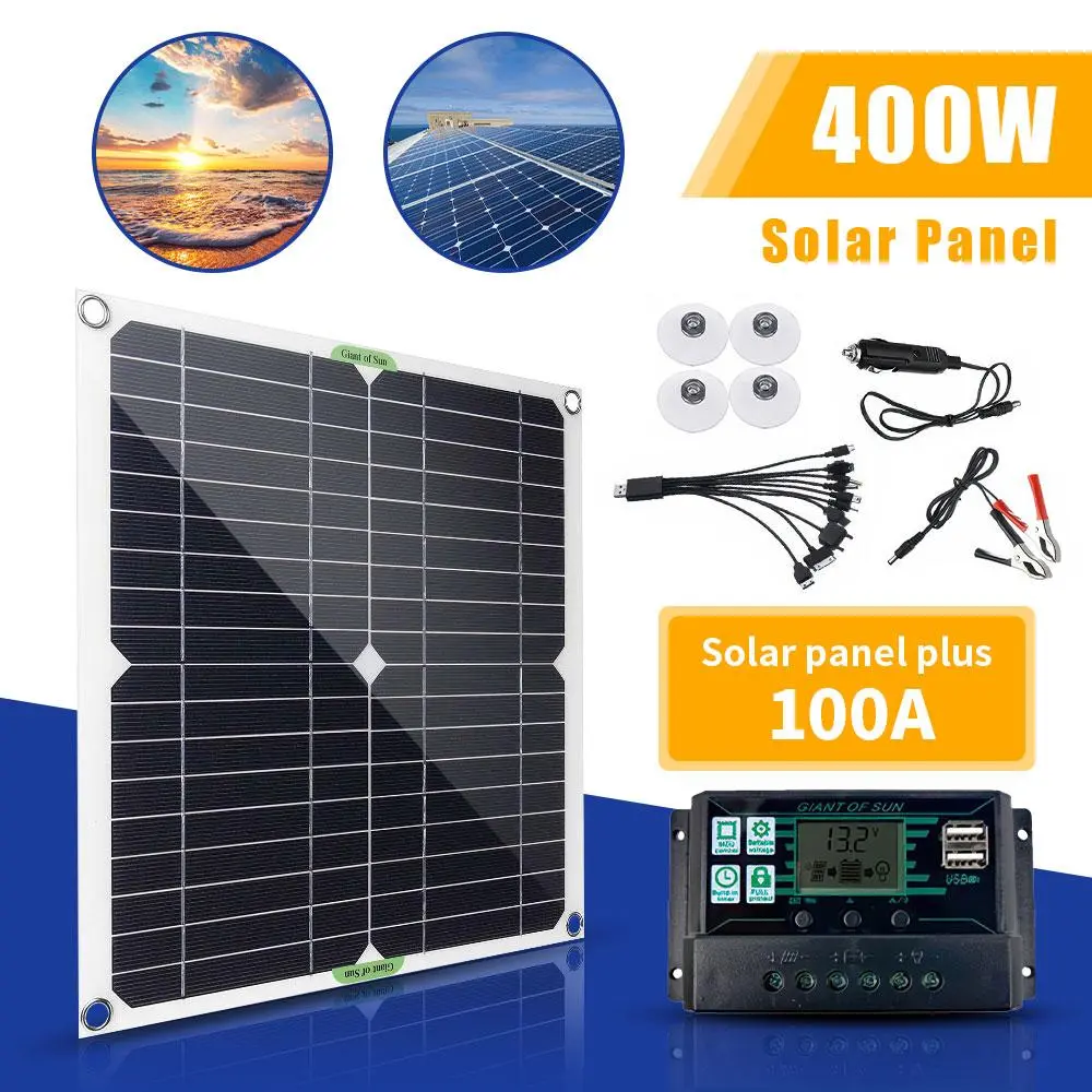 KEPEAK 400W Portable Solar Panel Set, 100A Charge Controller, High-Efficiency Mono/Polycrystalline Panels, 20.8V DC, 28.5 * 28Cm, 4x Suction Cup, Car Charger, 1500mAh Power Bank Compatible for Off-Grid RV Camping Home Improvement