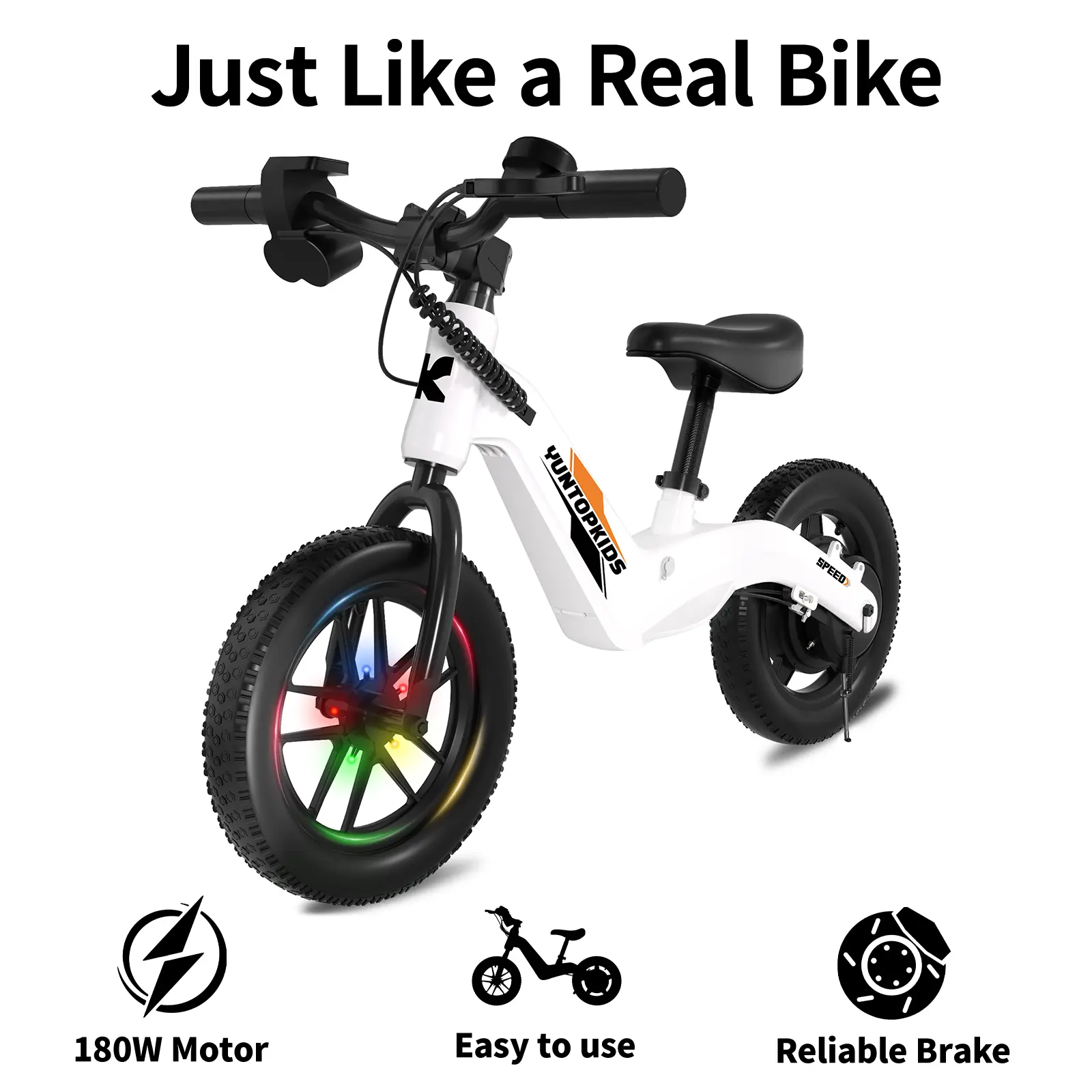 YUNTOPKIDS Kids Rechargeable Battery Electric Balance Bike - 150W Motor, 12-in Tires, Magnesium Alloy Frame, Adjustable Seat, 3 Speed Modes, Rear Disc Brake, 5.6 Mi Range, 2600 mAh Built-in Cells, Lightweight Ride-On Toy for 3-4 Years Outdoor Play