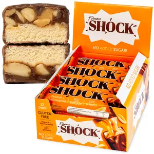 FitnesSHOCK Peanut Salted Caramel Protein Bars - Gluten Free, No Added Sugar, Low Calorie Low Carb Snack - 10g Protein, 0g Added Sugar, 180 Kcal, 18g Net Carbs - 12 x 50g Dessert