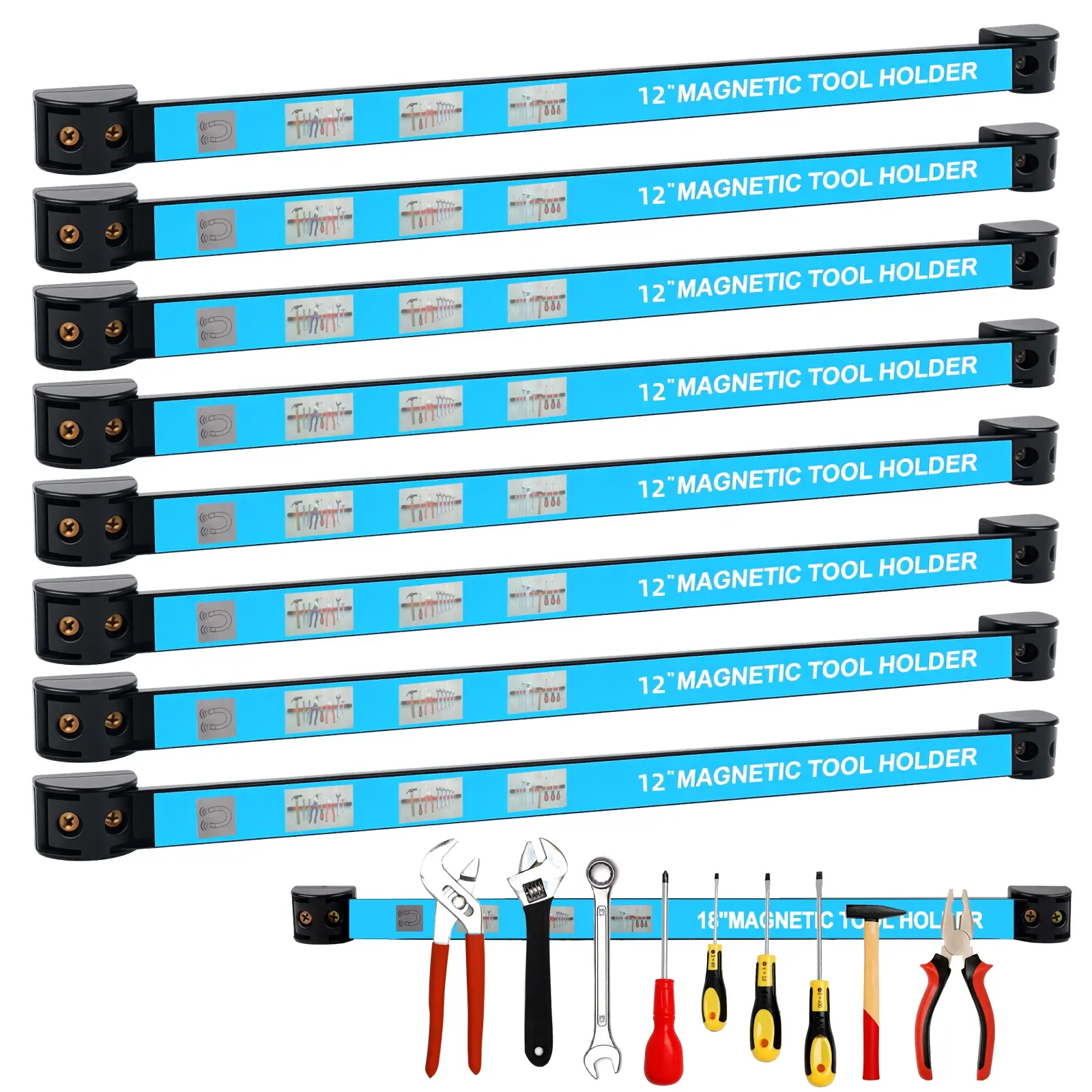 8-Piece Metal Tool Holders - 12-Inch Strong Magnetic Design Wall-Mounted Storage Bars, Large Magnetic Racks & Displays for Garage, Workshop Users to Hold Various Construction Tools