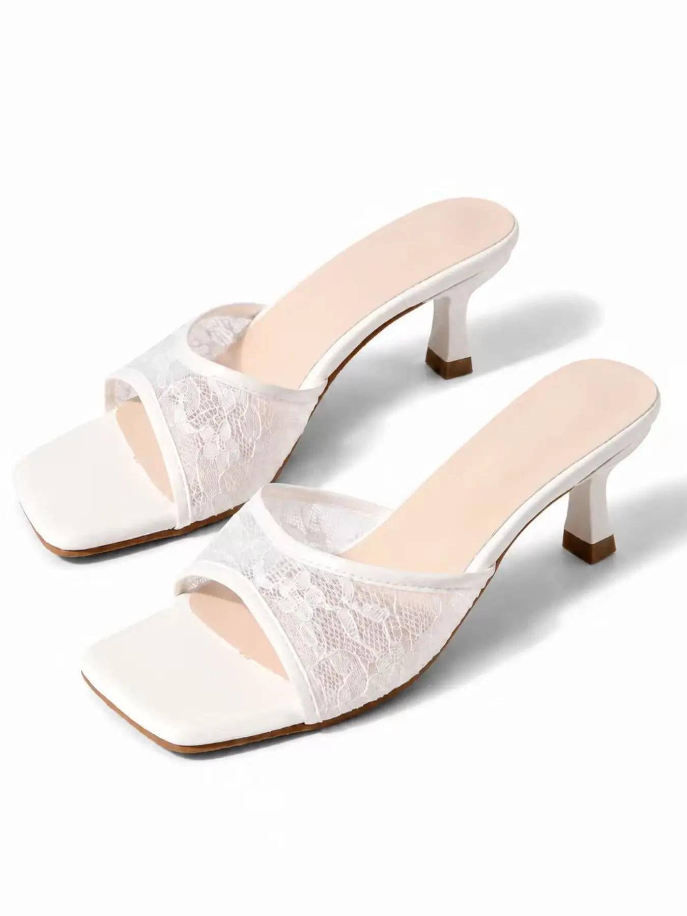 Angelic Coquette White Lace Mules | Square Toe Kitten Heels | Fairycore Bridal & Summer Slip-On Sandals | French Girl Aesthetic | Embellished Sandals | Chic Summer Footwear