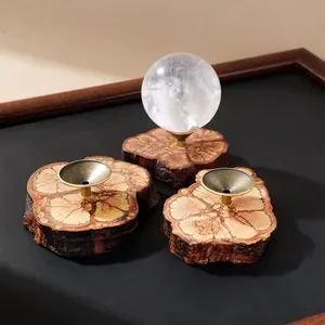 Natural Wood Raw Stone Decor Bracket, Crystal Sphere Quartz Crystals Gemstone Energy Table Ornament with Degaussing Function, Home Decor for Living Room Bedroom Office, Natural Healing Crystal
