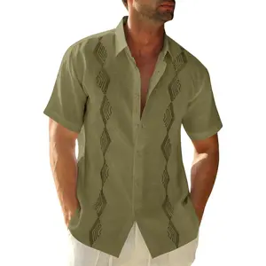PASLTER  Men Cuban Guayabera Shirts Linen Short Sleeve Button Down Cotton Mexican Beach Wedding Shirt Casual Kurta Menswear