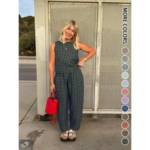 Women’s Plaid Print Tank Top & Pants Two-Piece Set, Casual Sleeveless Top & Pants for Summer, Ladies’ Clothing for Everyday Wear, Cute Summer Outfit