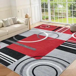 GARVEE Large Area Rug 10x13 Washable Rug for Living Room Abstract Circle Rugs Non Slip Low Pile Soft Rug Stain Resistant Carpet for Bedroom Home Decor, Red