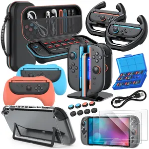 MENEEA 20-IN-1 Kits: Carrying Case, Controller Charger Dock, Grips for Joy Con,Steering Wheels for Mario Kart,Protective Cover for Controller Console for Switch 2 (Black)