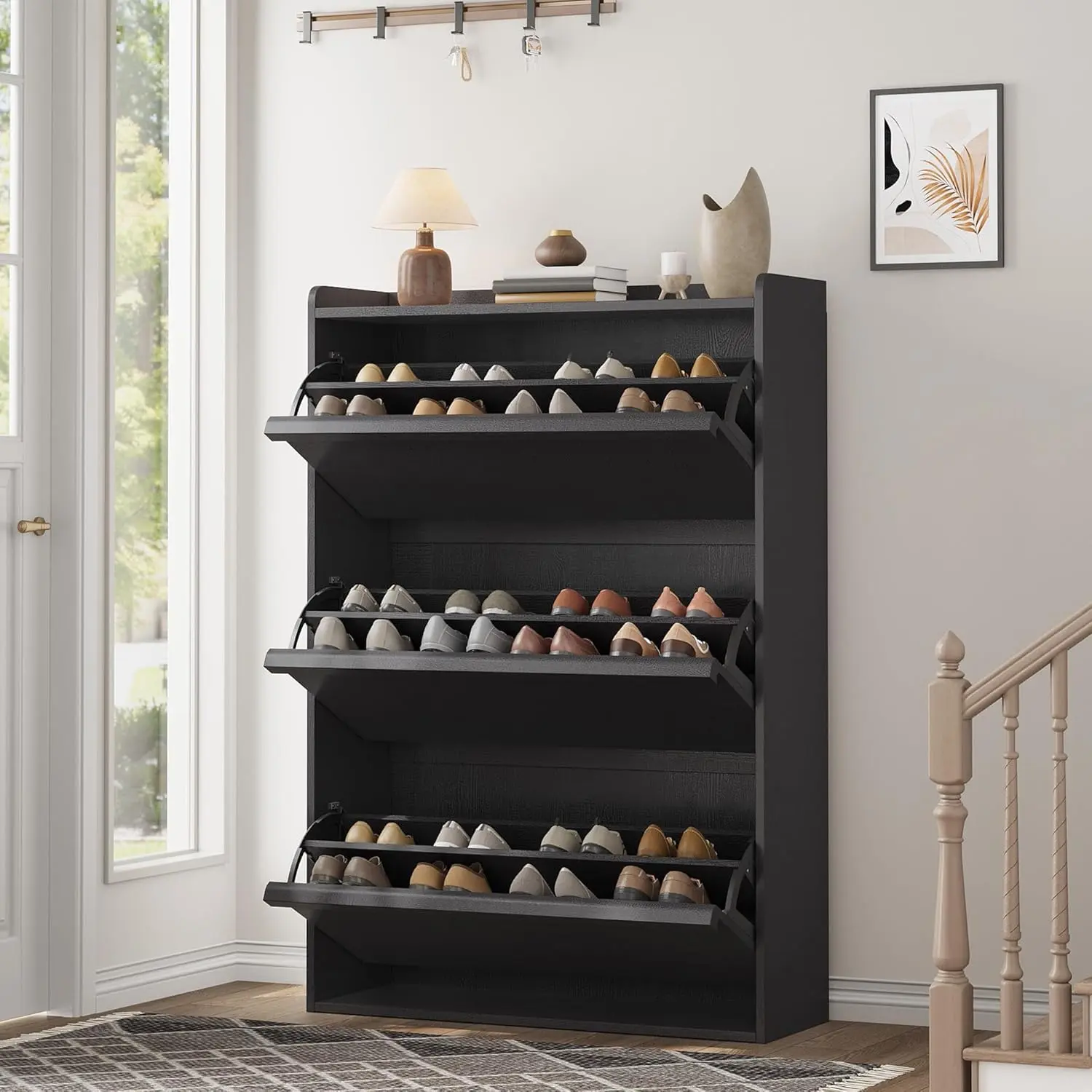 Shoe Cabinet with 3 Flip Drawers, Wooden Shoe Organizer with Adjustable Shelf, Shoe Storage for Entryway, Hidden Shoe Cabinet for Hallway, Living Room, Black,dorm essentials,home decor