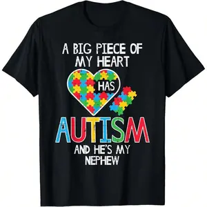 Men's Black Soft Cotton Short-Sleeve Round Neck T-Shirt - Stretchy Casual Chic Classic Club Cute Menswear Top, Comfortable Fit, Hem Detail, Autism Awareness Apparel for Aunts/Uncles Honoring Autistic Nephews, Coordinating Set Compatible