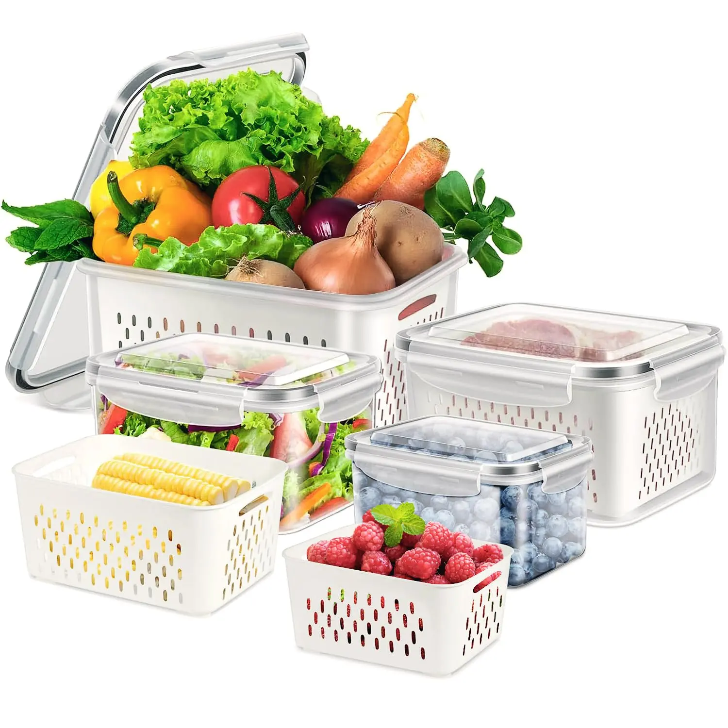 4PCS Fridge Organizers and Storage Stackable Fruit Storage Container for Fridge with Removable Colander, BPA-Free Food Storage Container for Salad Berry Vegetable Meat Keeper Fresh Containers, Kitchen, Utensils,summerwins,campingessentials,campi
