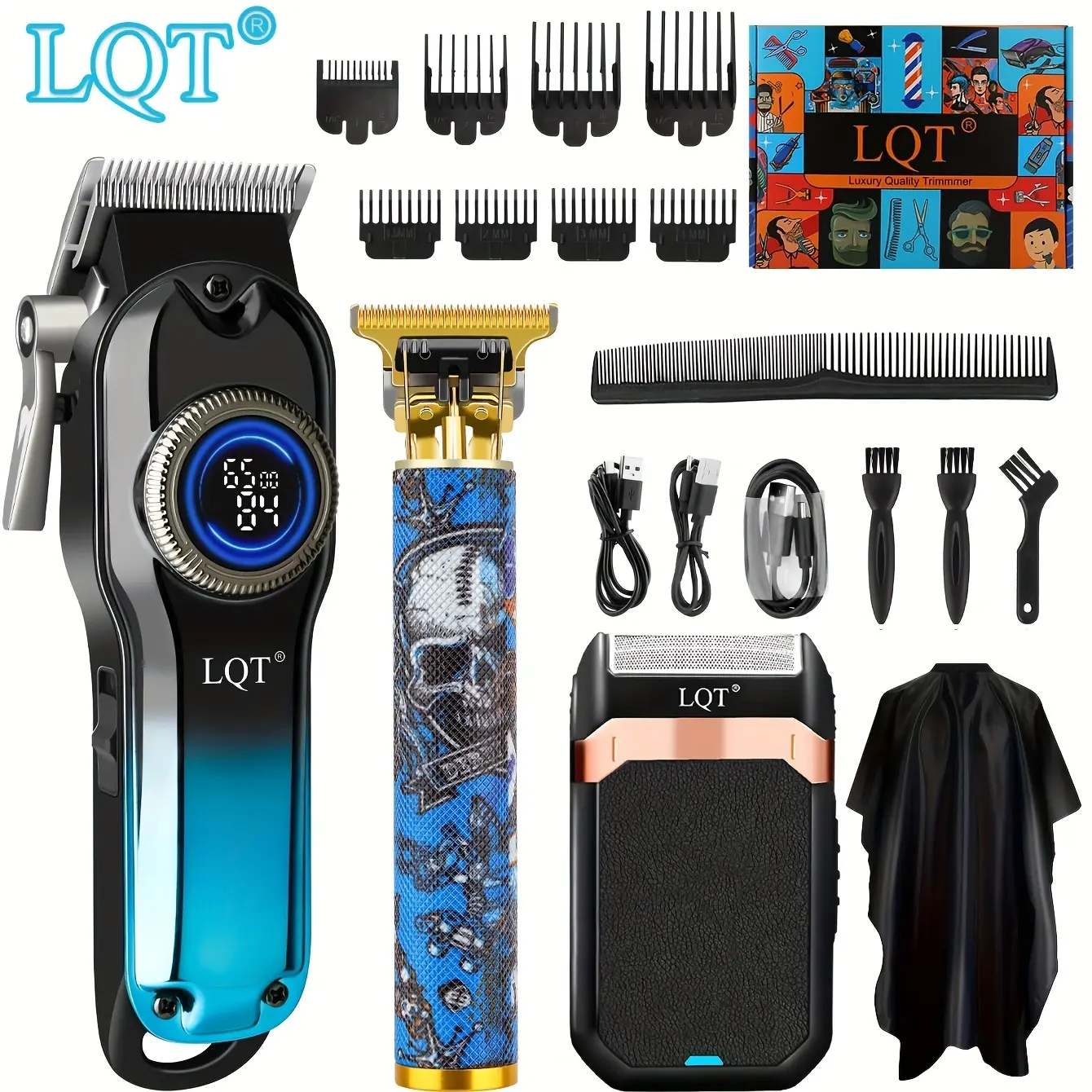 LQT Men's Professional Hair Clipper & Trimmer Set，Hair clipper，Carving shears，Razor three-piece set，USB charging，LED display screen，long battery life, suitable for home and professional hair salons, exquisite gifts