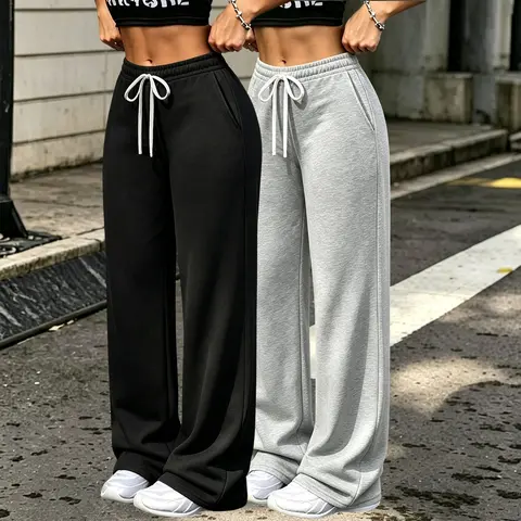 Purebeat Women's 2-Pack Fleece Elastic-Waistband Baggy Sweatpants - Wide-Leg Casual Chic Comfy Pants with Side Pockets, Solid Color Clothes, Elastic Drawcord, Machine-Washable Non-Sheer Fabric, for Daily Wear