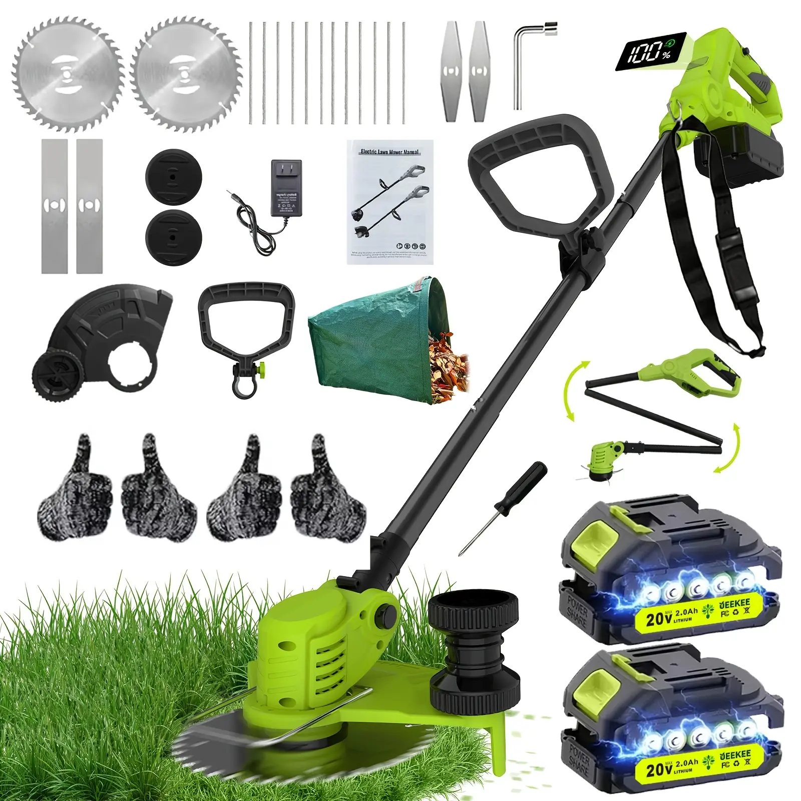 UEEKEE Combines mowing, edging, and brush-cutting functions (3-in-1); features a rotatable head and a tri-fold design; comes with a complete set of accessories, including blades, a cutting line, a battery, a grass collection bag, and a shoulder strap.