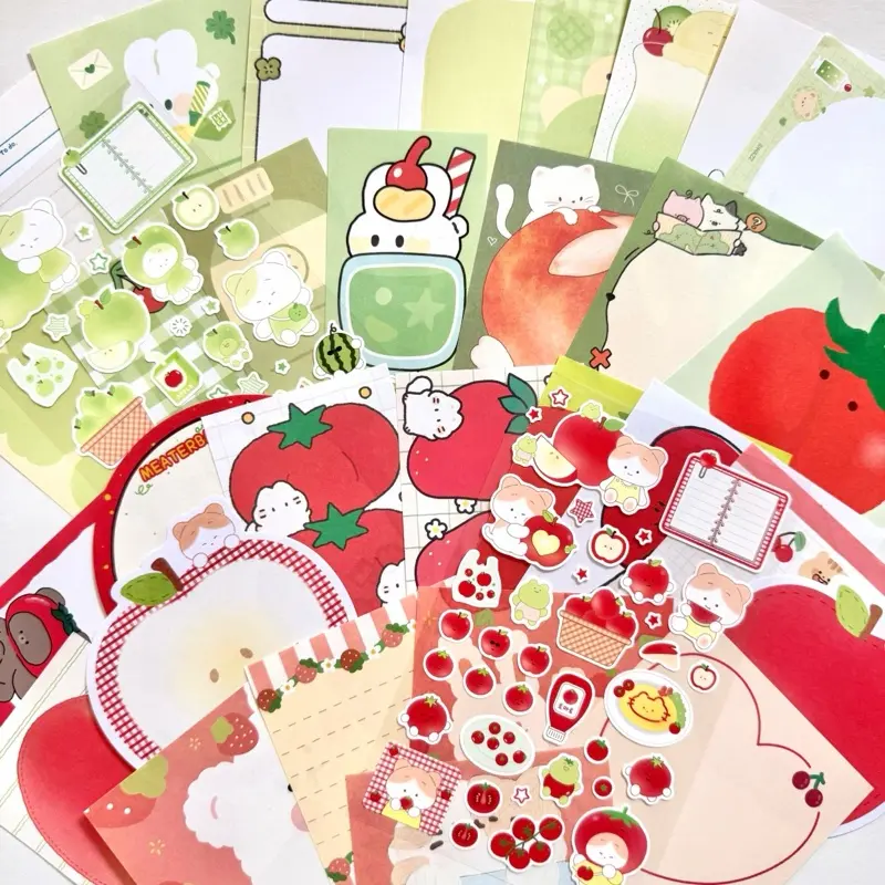red green stationery sets / fruit sticker sheet