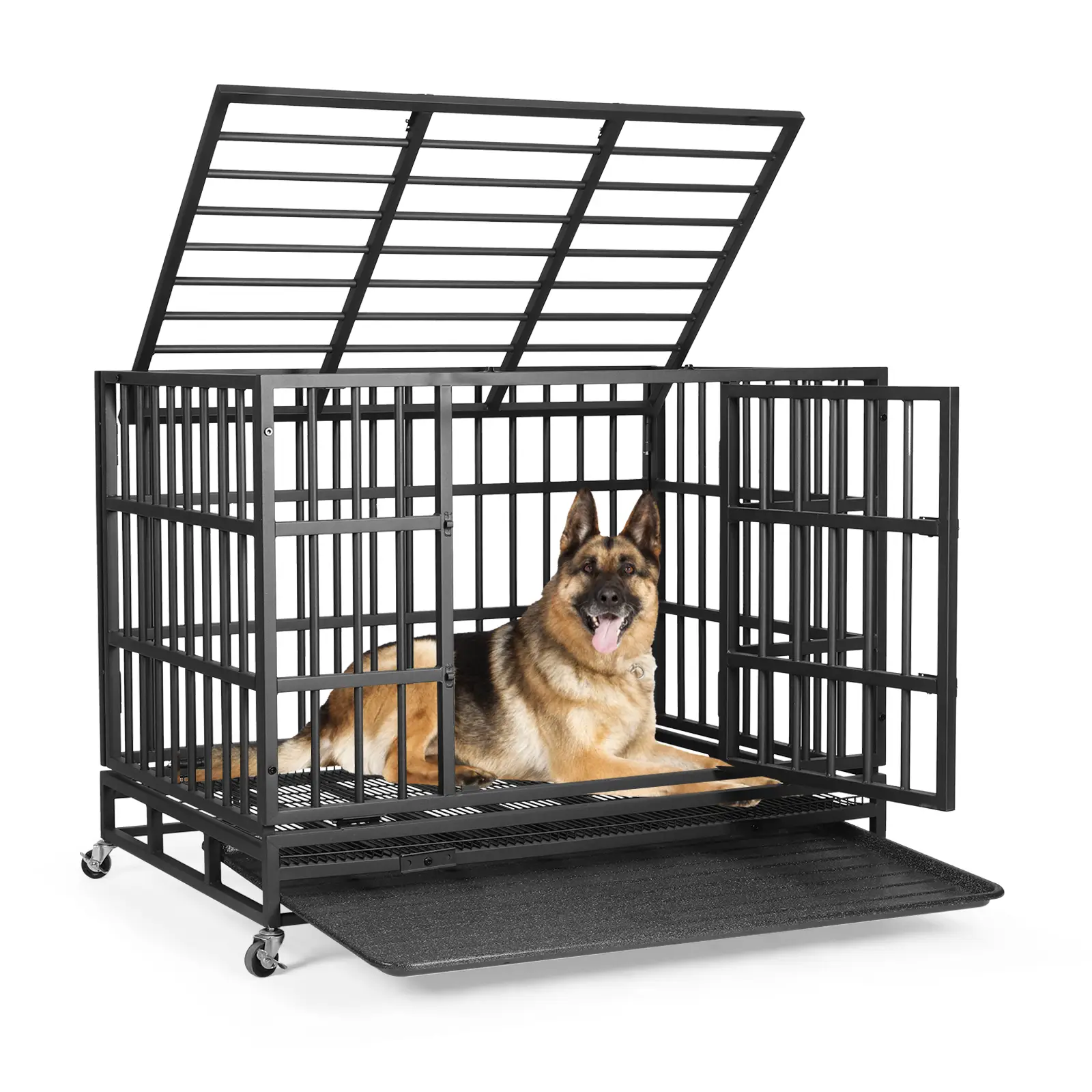 42” Heavy Duty Indestructible Dog Crate, High Anxiety Dog Crate, Escape Proof Dog Cage Kennel with 4 Lockable Wheels, Double Sturdy Locks, Double Door