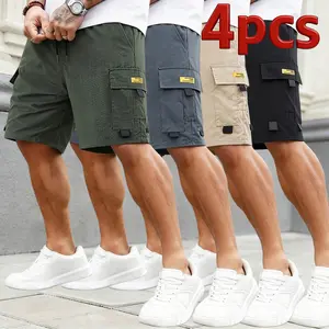 4-Pack Men’s Lightweight Cargo Shorts, Elastic Drawstring Waist, Multi-Pocket Utility Casual Shorts with Quick-Dry Fabric, Outdoor Work Shorts for Hiking, Travel & Everyday Streetwear