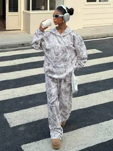 Women's Casual Fall Winter Hoodie Set, Long Sleeve, Camouflage Print, Elastic Waist Pants, Loose Fit, Thick Knit Fabric, Daily Wear, Womenswear