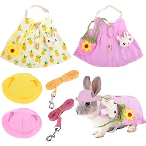 Bunny 2 Set Costume Adjustable Pet Clothes with Leash Hat Mini Bag and Sling Small Animal Accessories Suitable for Rabbits Ferrets and Squirrels