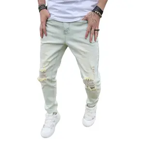 Men Stylish Vintage Holes Stretch Skinny Jeans Trousers Solid Ripped Male Slim Casual Pencil Denim Pants Fathersdaygift Streetwear Plain Classic Streetwear