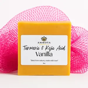 Ammoya Naturals Turmeric & Kojic Acid Vanilla Soap with African Net Sponge for Face & Body Care - Gentle Exfoliating Cleanser for Sensitive Skin Sensitive