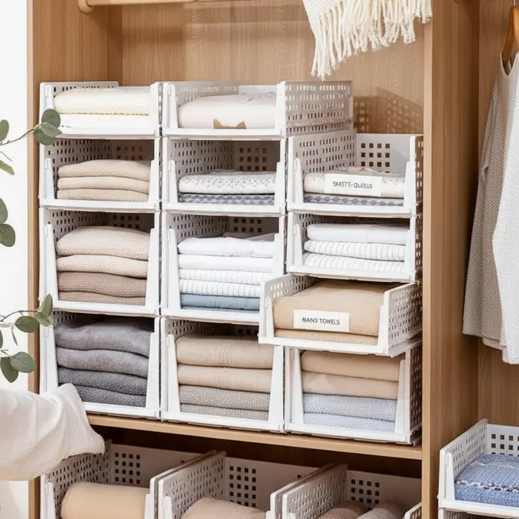Collapsible Pull-Out Plastic Organiser Basket for Wardrobe Shelf, Space-Saving Foldable Structure, Durable Construction, Smooth Slide Rail, Anti-Tip Design, Ideal for Clothing, Clothing Docs & Daily Items Storage, Drawers