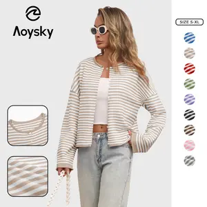 Aoysky Womens Striped Cardigan Casual Long Sleeve Open Front Button Down Loose Knit Lightweight Fall Sweaters
