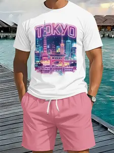 3D Digital Printed Two-piece Set with Neon City Night Scene Print, 2Pcs, Trendy Fashion Suit, Retro Casual Two-piece Outfit, Resort-style Trendy Wear, Breathable Sports Casual Style, Perfect Holiday Gift for Men