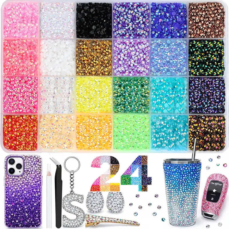 24set Bulk Resin Rhinestone Craft Kit with Tools & Tweezers, 32000Pcs Unisex Mixed Vibrant Shades Flatback Gems for Instant Shine Bedazzled Clothing & Tumblers, Festive Party Supply Custom Gifts Home Accessory